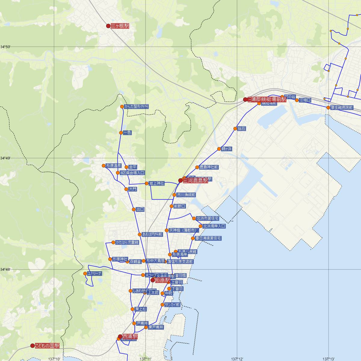 三河鹿島駅（名古屋鉄道）周辺のバス路線図