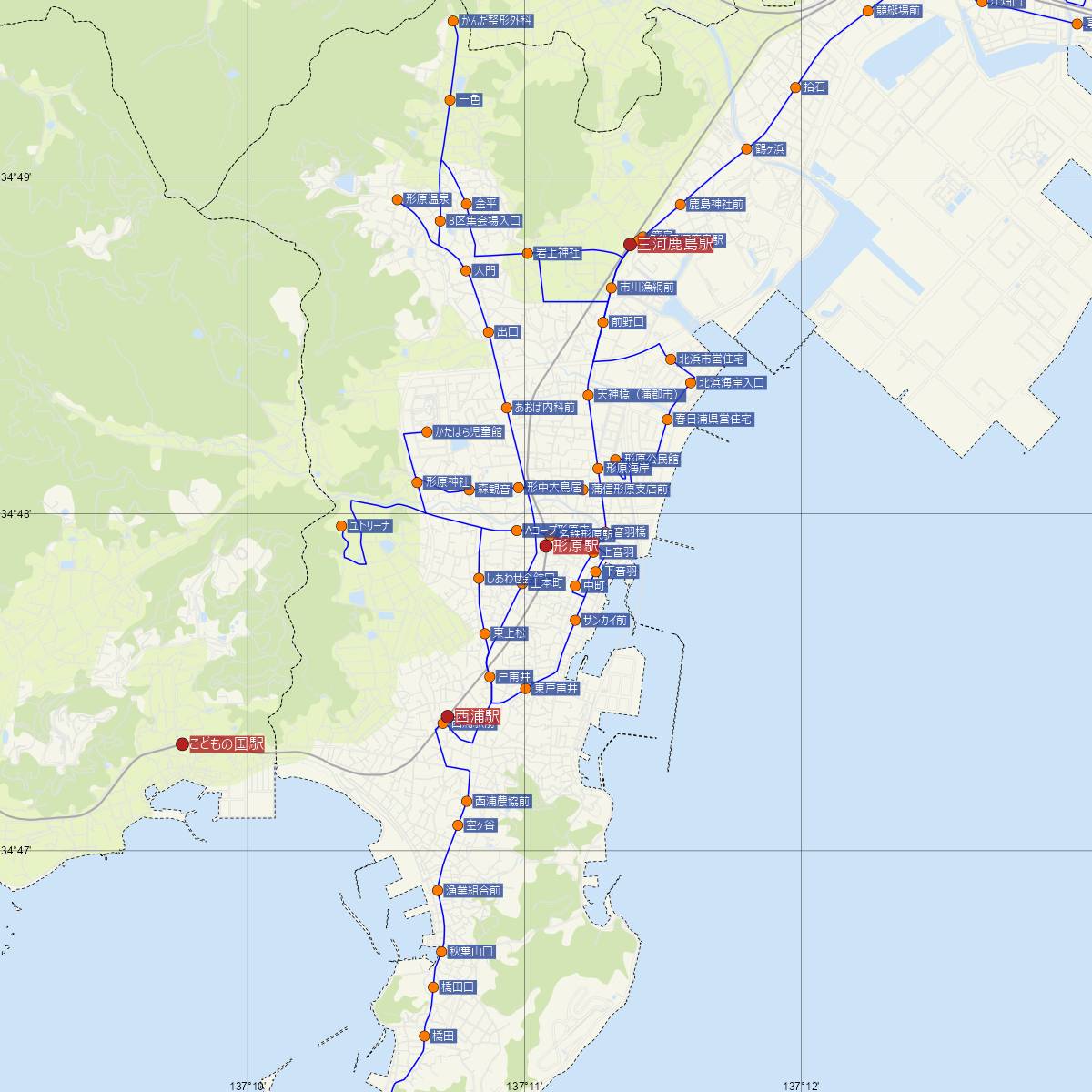 形原駅（名古屋鉄道）周辺のバス路線図