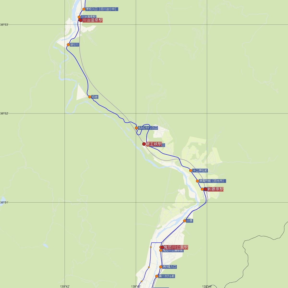 龍王峡駅（野岩鉄道）周辺のバス路線図