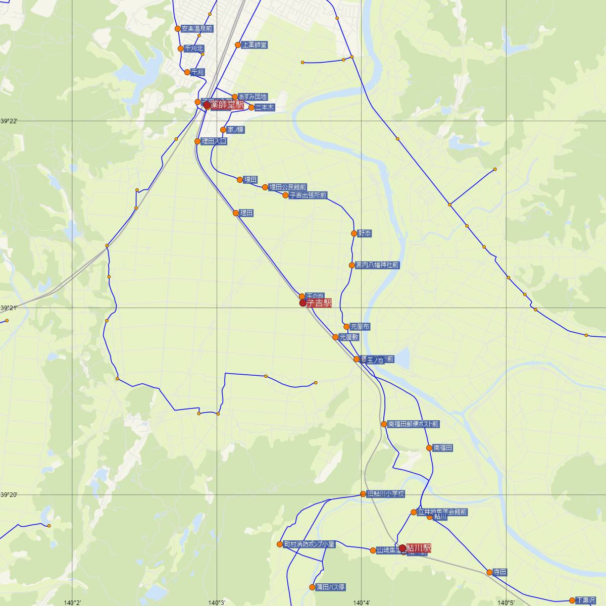子吉駅（由利高原鉄道）周辺のバス路線図