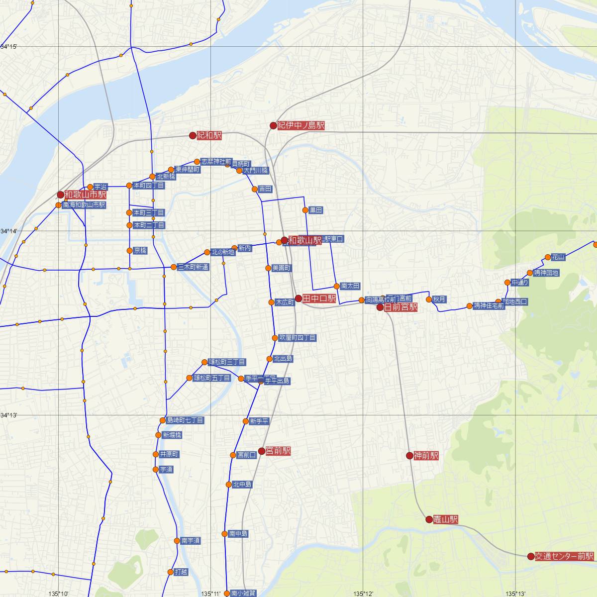 田中口駅（和歌山電鐵）周辺のバス路線図