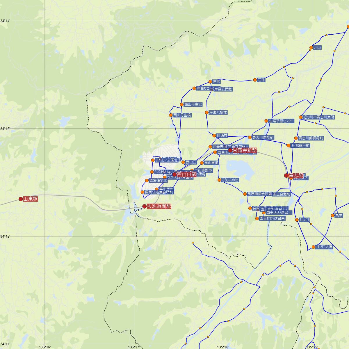 西山口駅（和歌山電鐵）周辺のバス路線図
