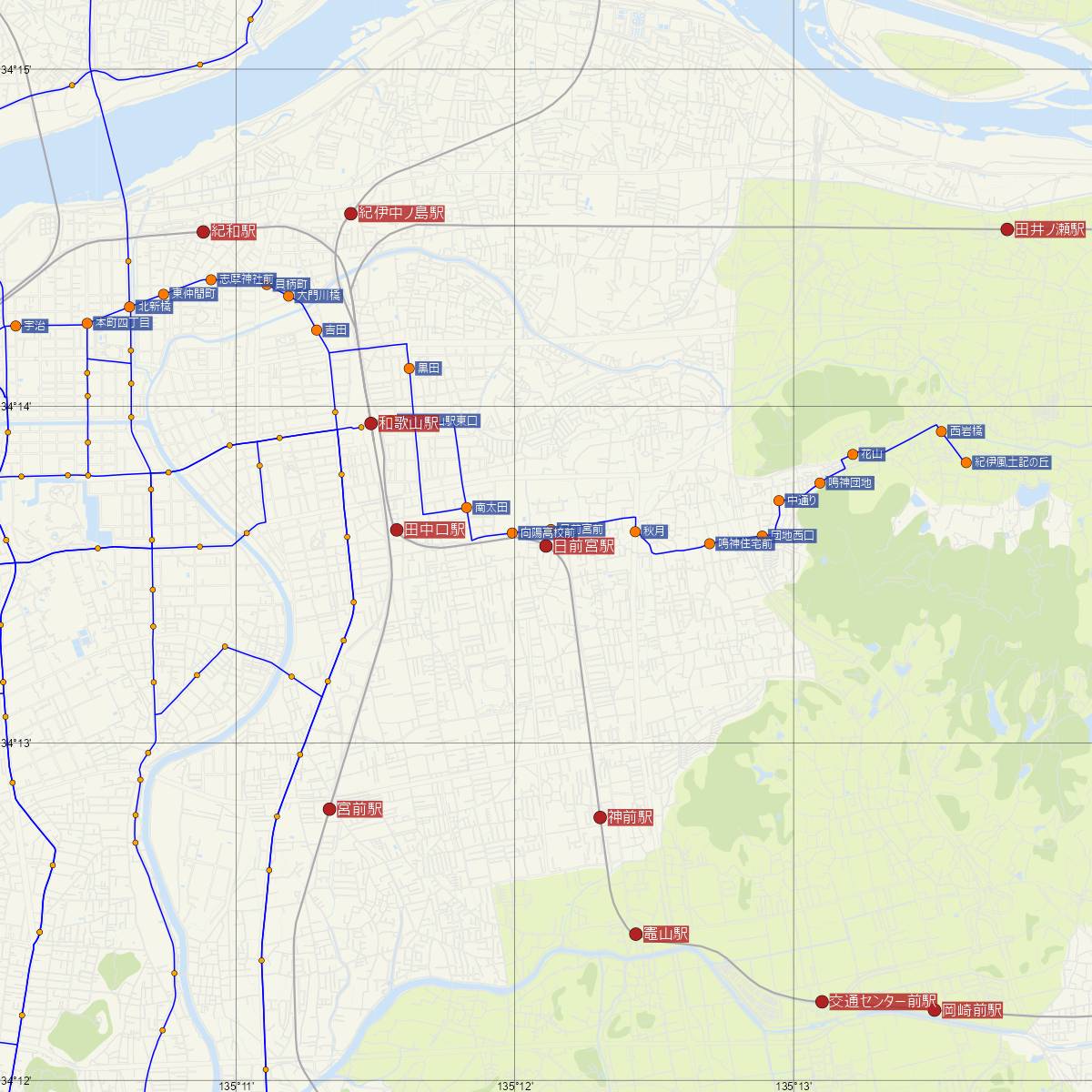 日前宮駅（和歌山電鐵）周辺のバス路線図