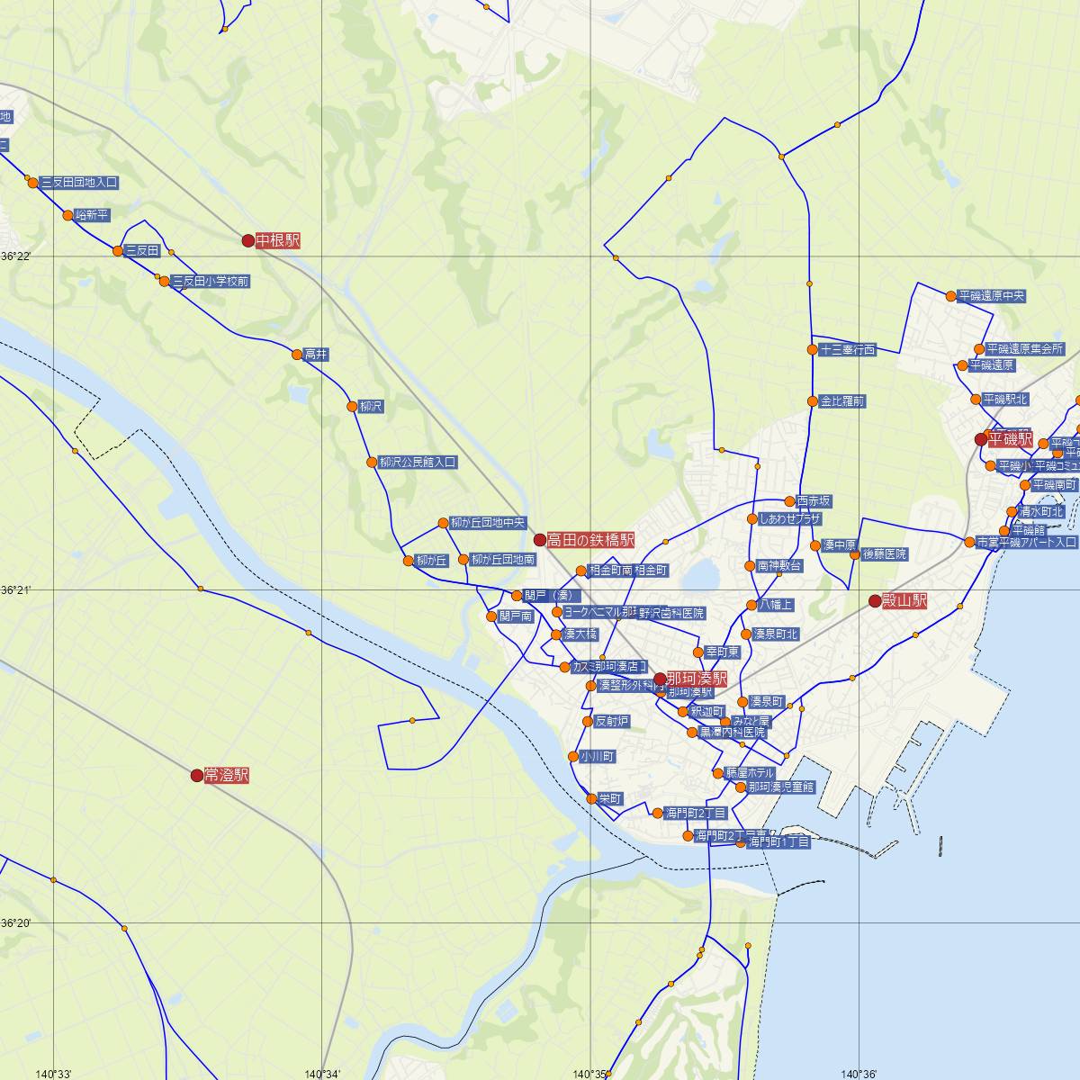 高田の鉄橋駅（ひたちなか海浜鉄道）周辺のバス路線図