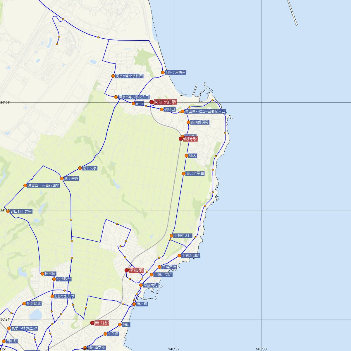 美乃浜学園駅（ひたちなか海浜鉄道）周辺のバス路線図