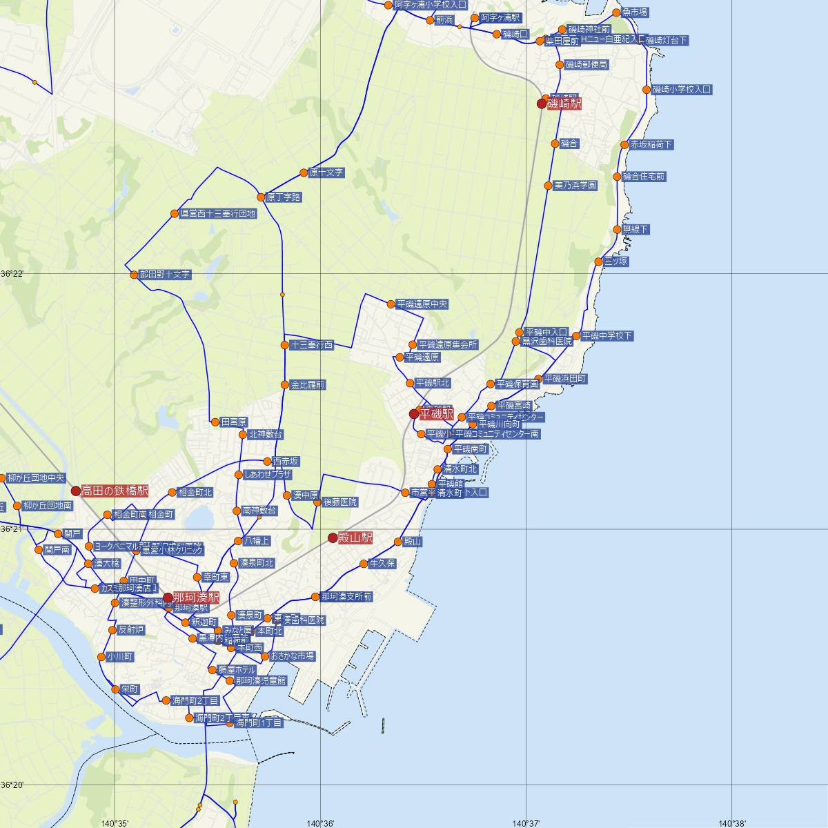 平磯駅（ひたちなか海浜鉄道）周辺のバス路線図