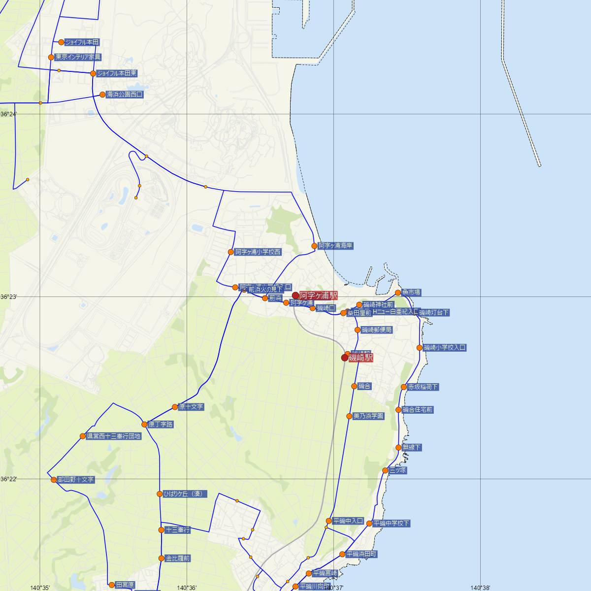 阿字ヶ浦駅（ひたちなか海浜鉄道）周辺のバス路線図