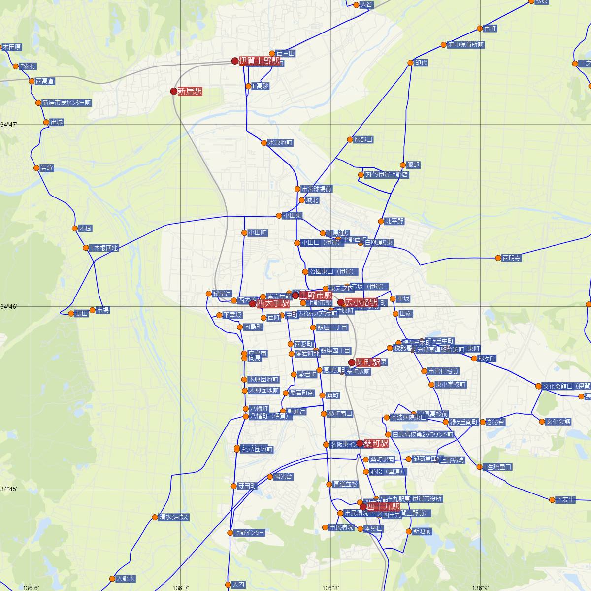 上野市駅（伊賀線）周辺のバス路線図