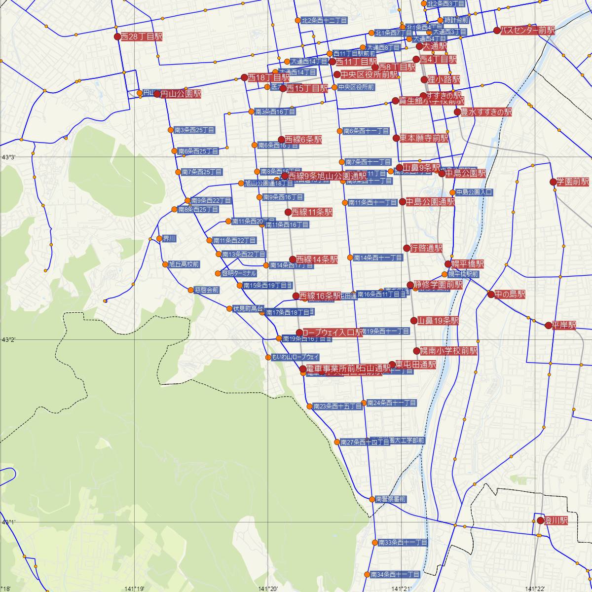 西線16条駅（札幌市電）周辺のバス路線図