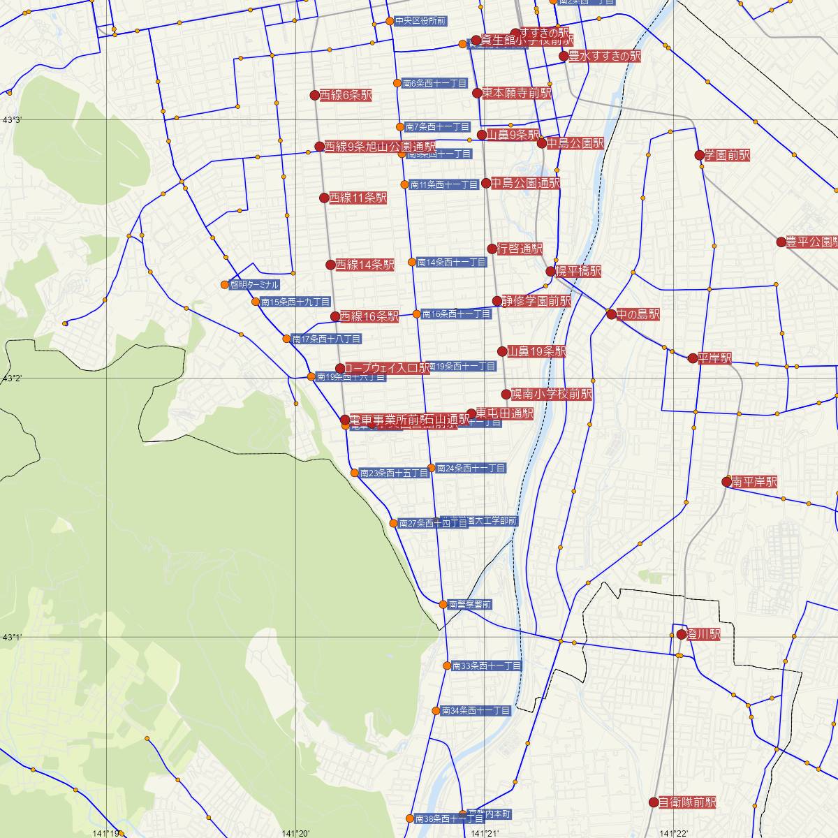 石山通駅（札幌市電）周辺のバス路線図