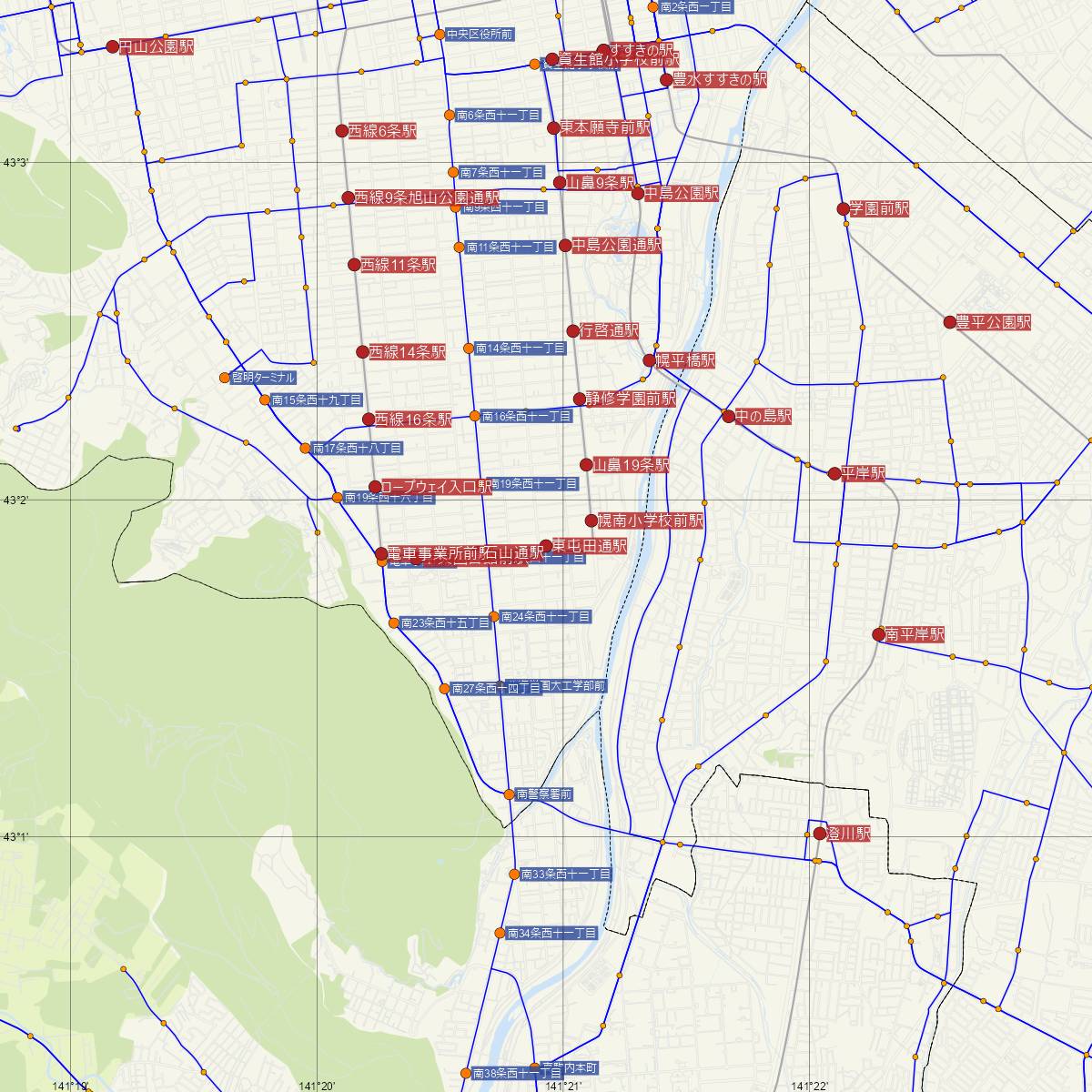 東屯田通駅（札幌市電）周辺のバス路線図