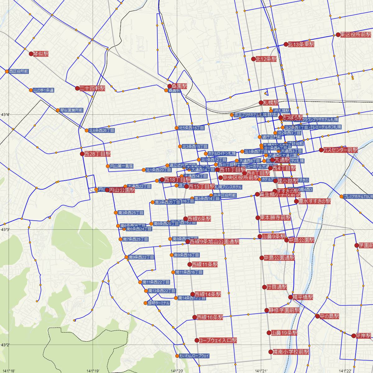西15丁目駅（札幌市電）周辺のバス路線図