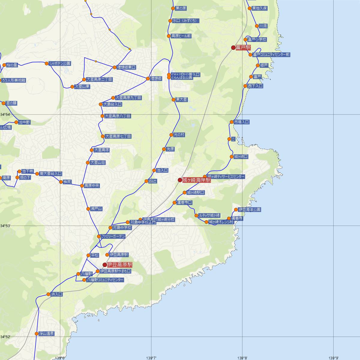 城ヶ崎海岸駅（伊豆急）周辺のバス路線図