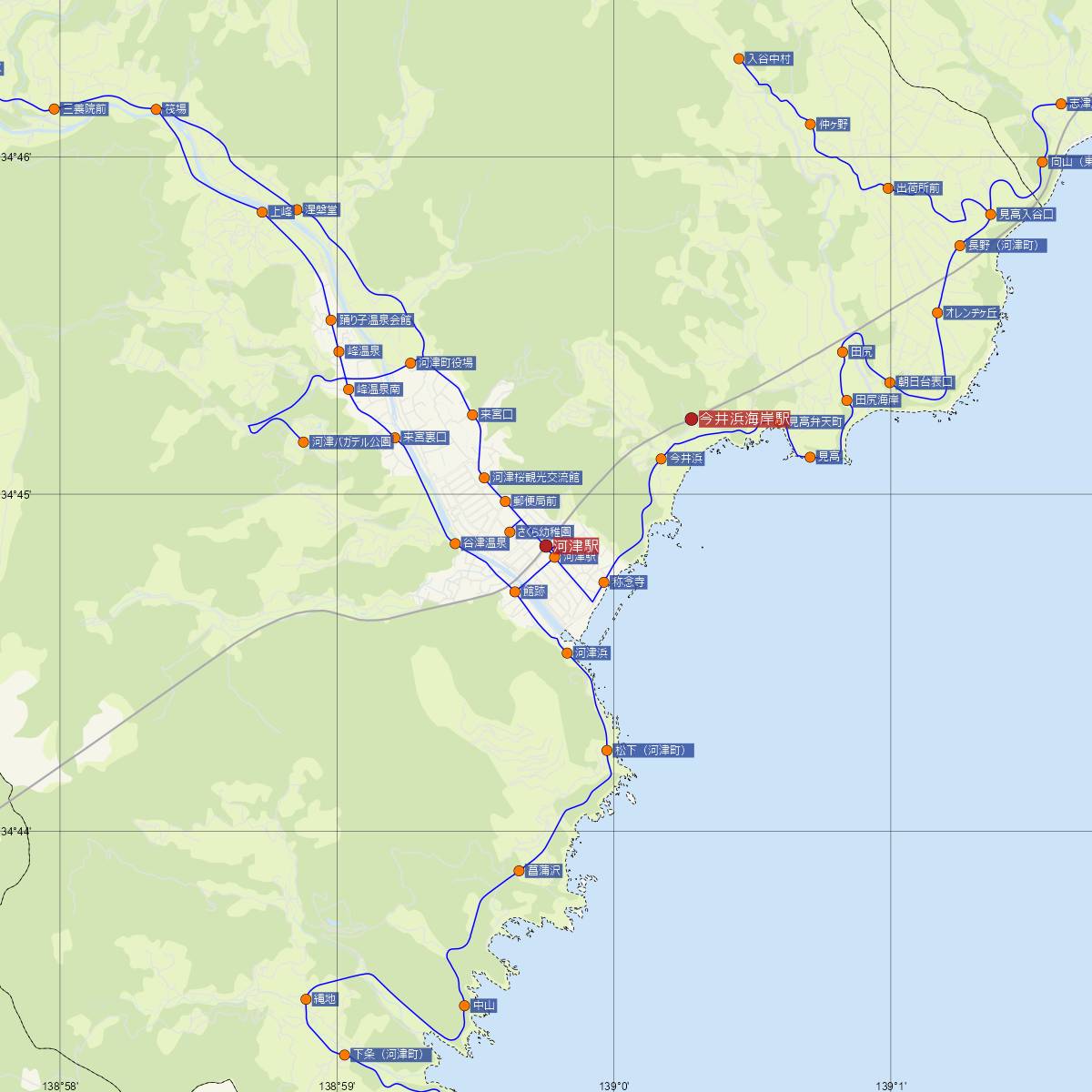 河津駅（伊豆急）周辺のバス路線図