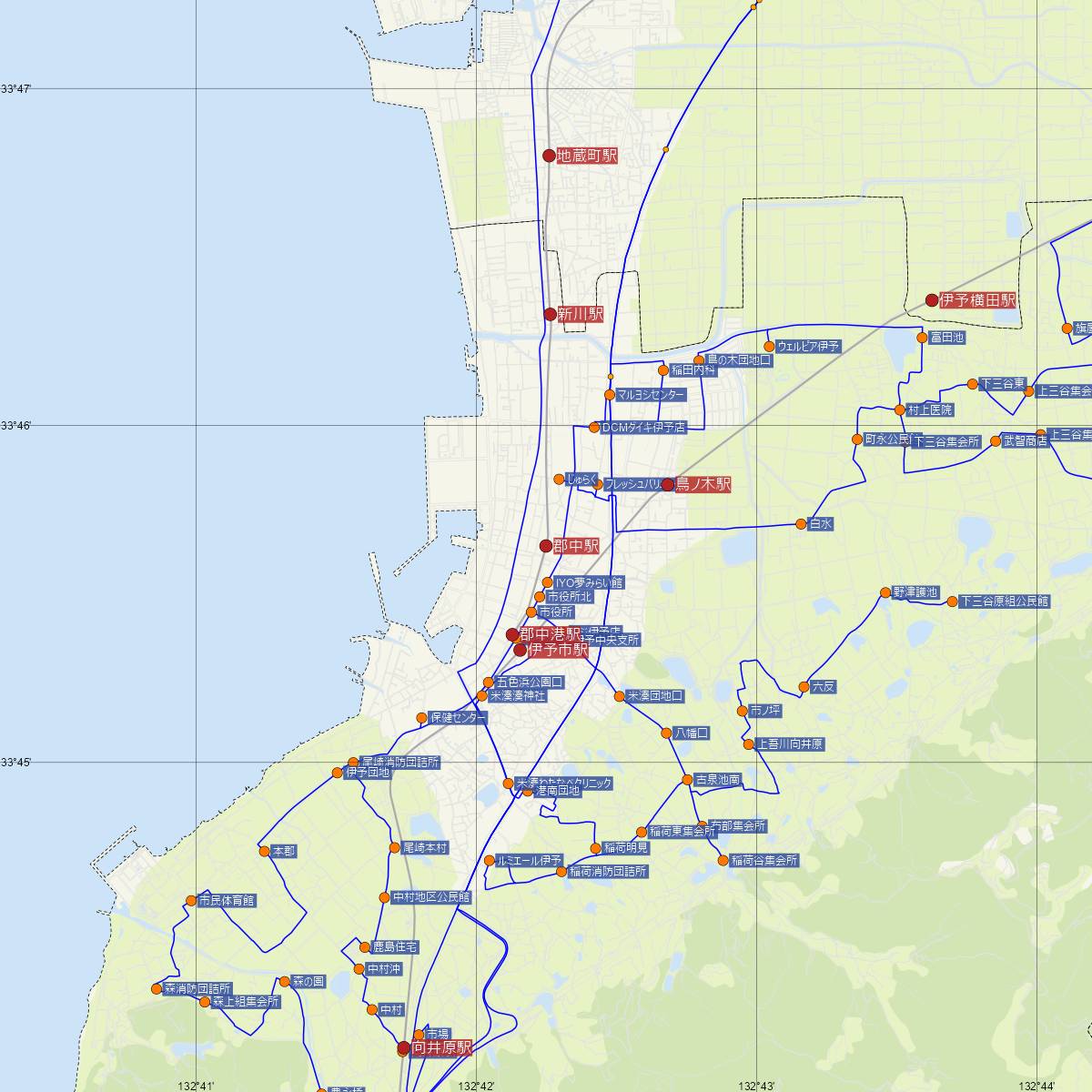 郡中駅（伊予鉄道）周辺のバス路線図