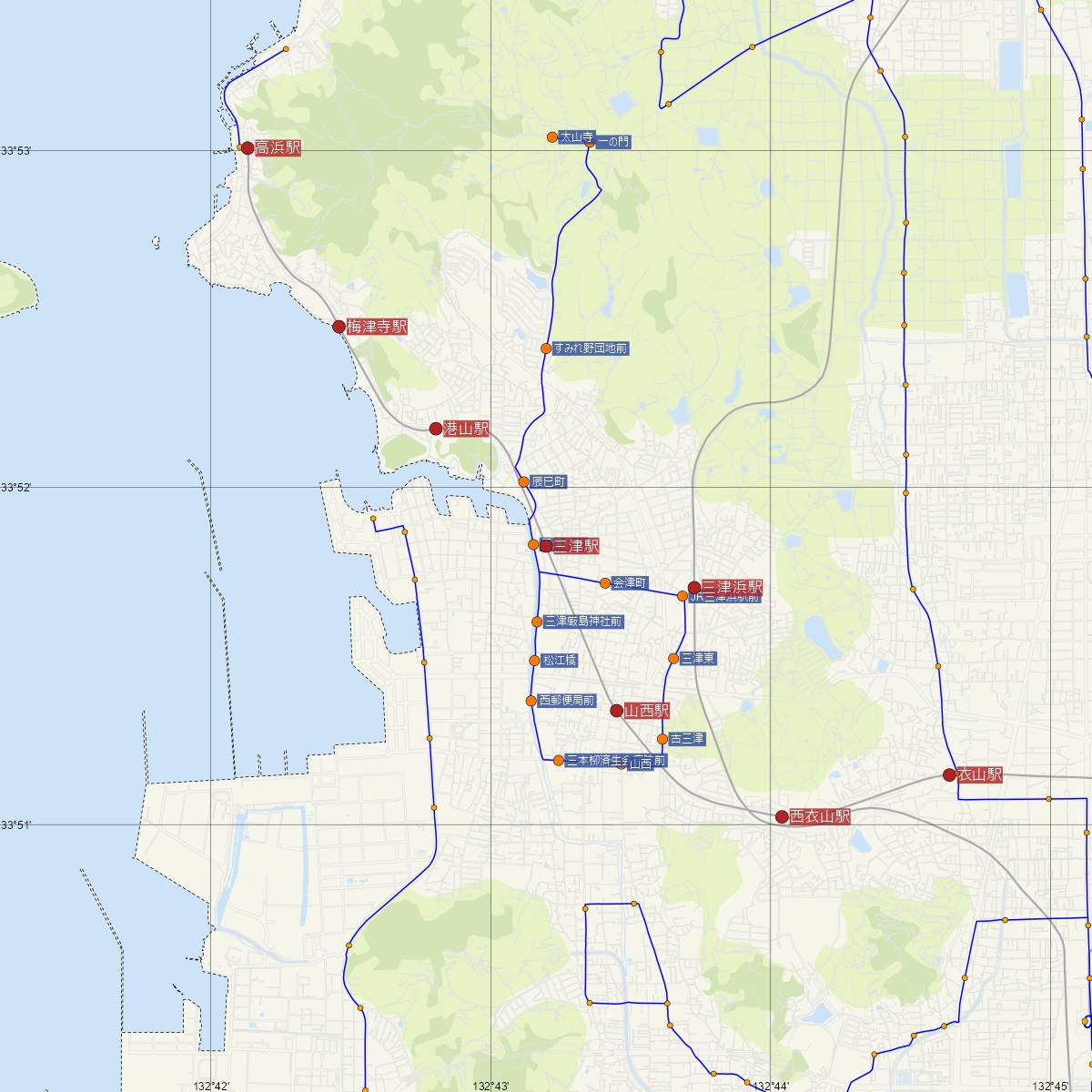 三津駅（伊予鉄道）周辺のバス路線図