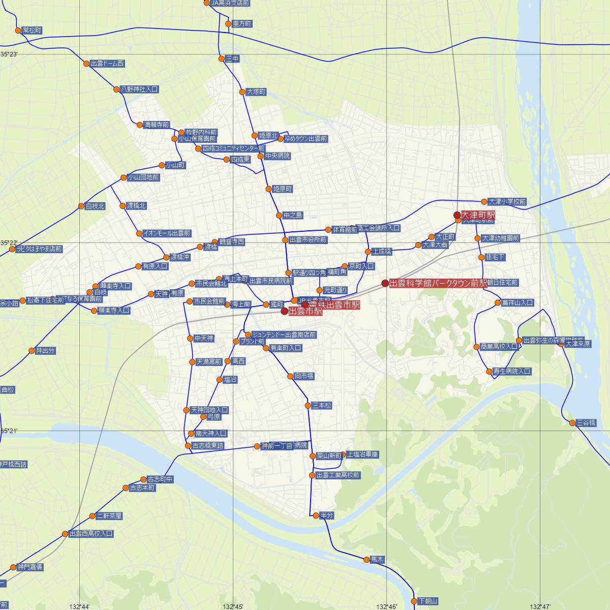 電鉄出雲市駅（一畑電車）周辺のバス路線図