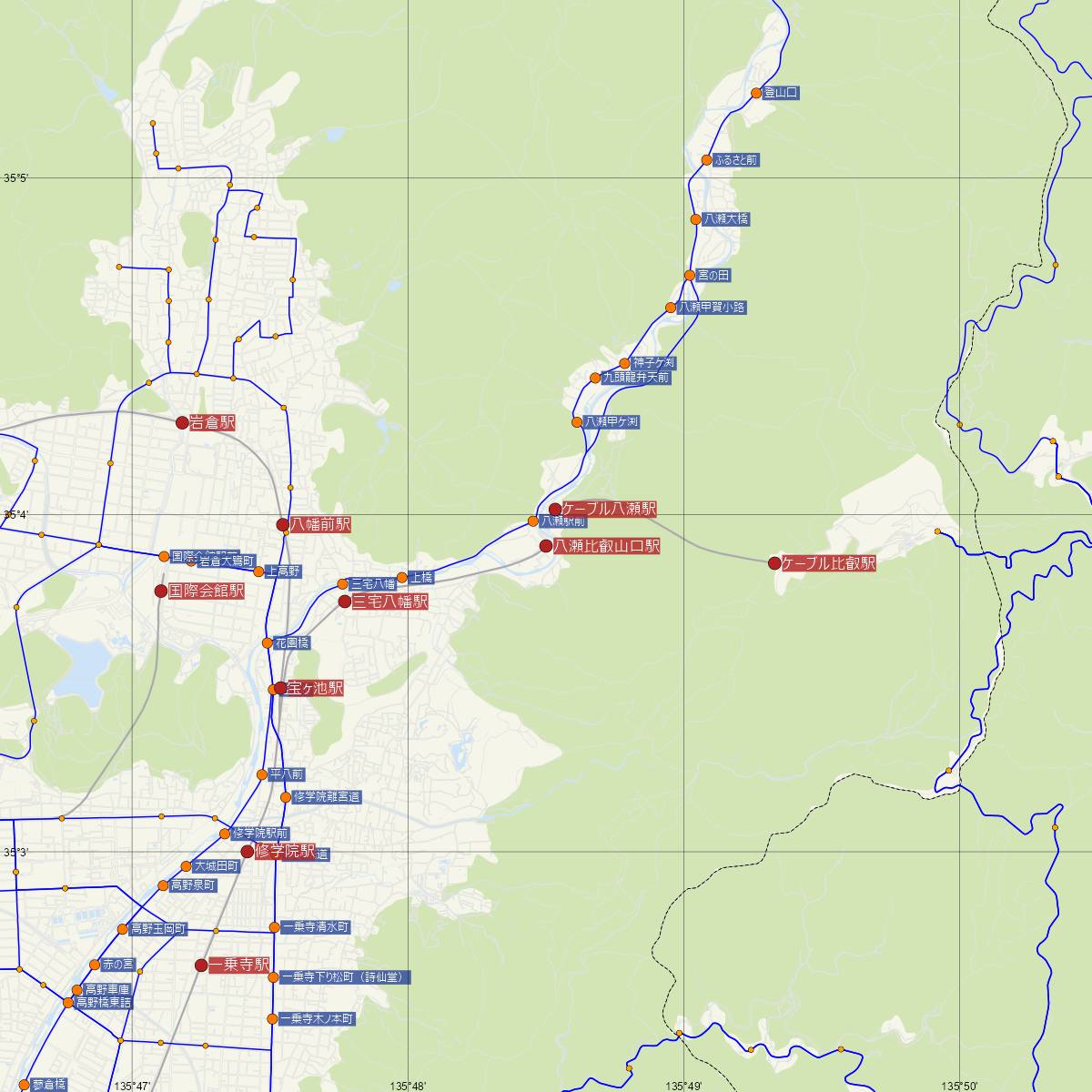 八瀬比叡山口駅（叡山電鉄）周辺のバス路線図