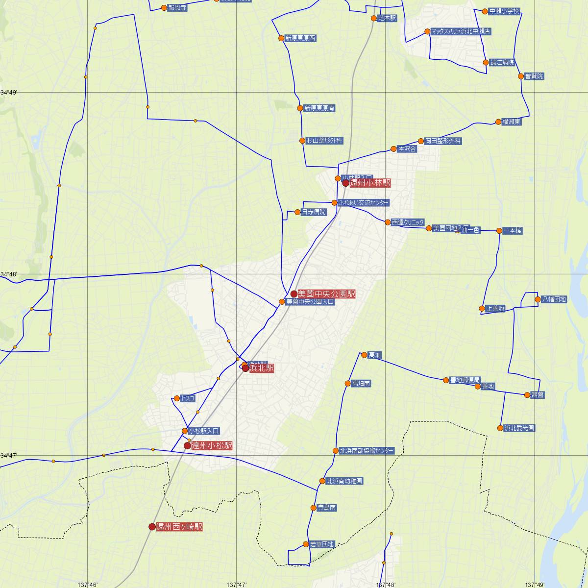 美薗中央公園駅（遠州鉄道）周辺のバス路線図
