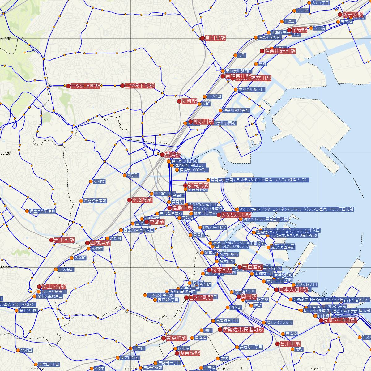 新高島駅（みなとみらい線）周辺のバス路線図