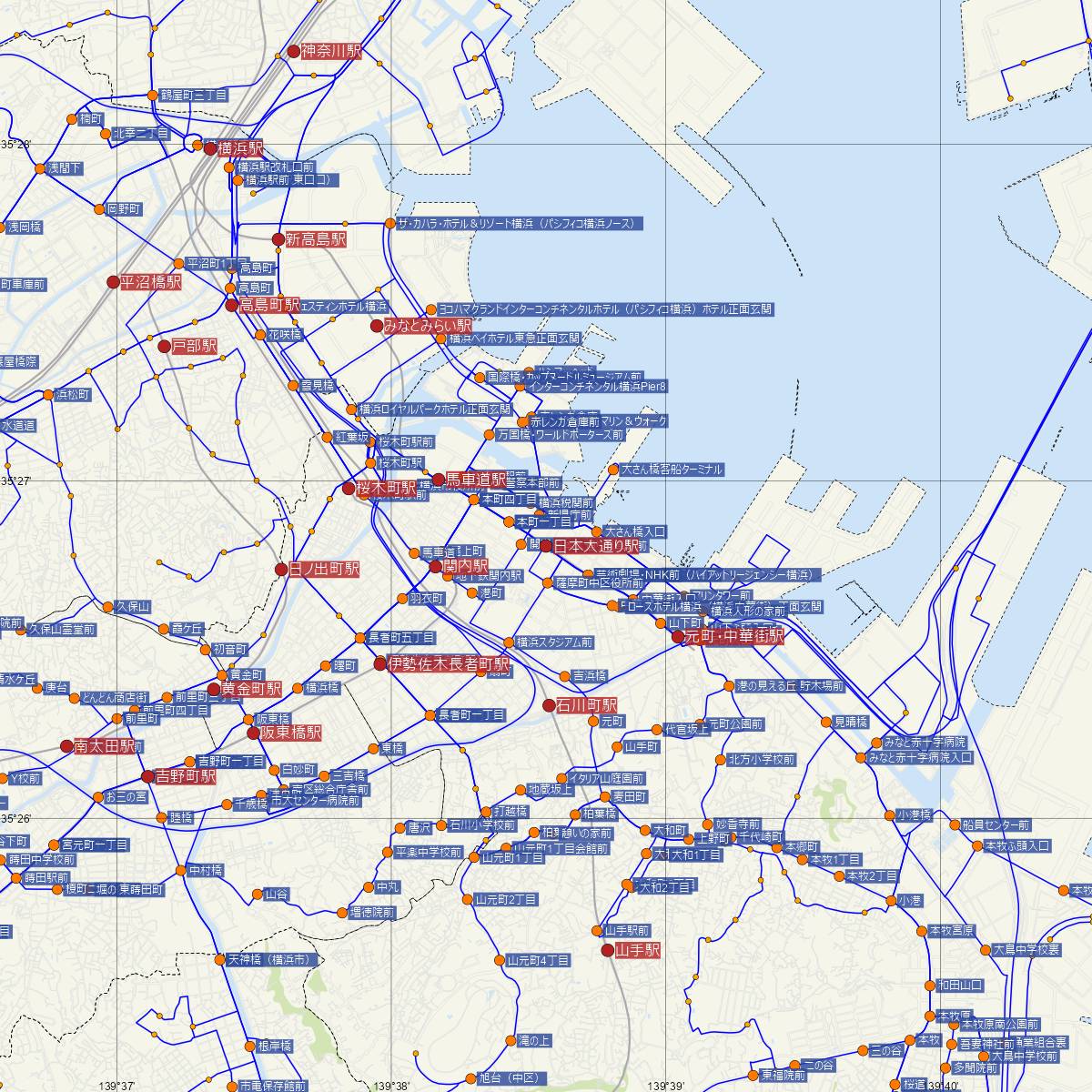 日本大通り駅（みなとみらい線）周辺のバス路線図