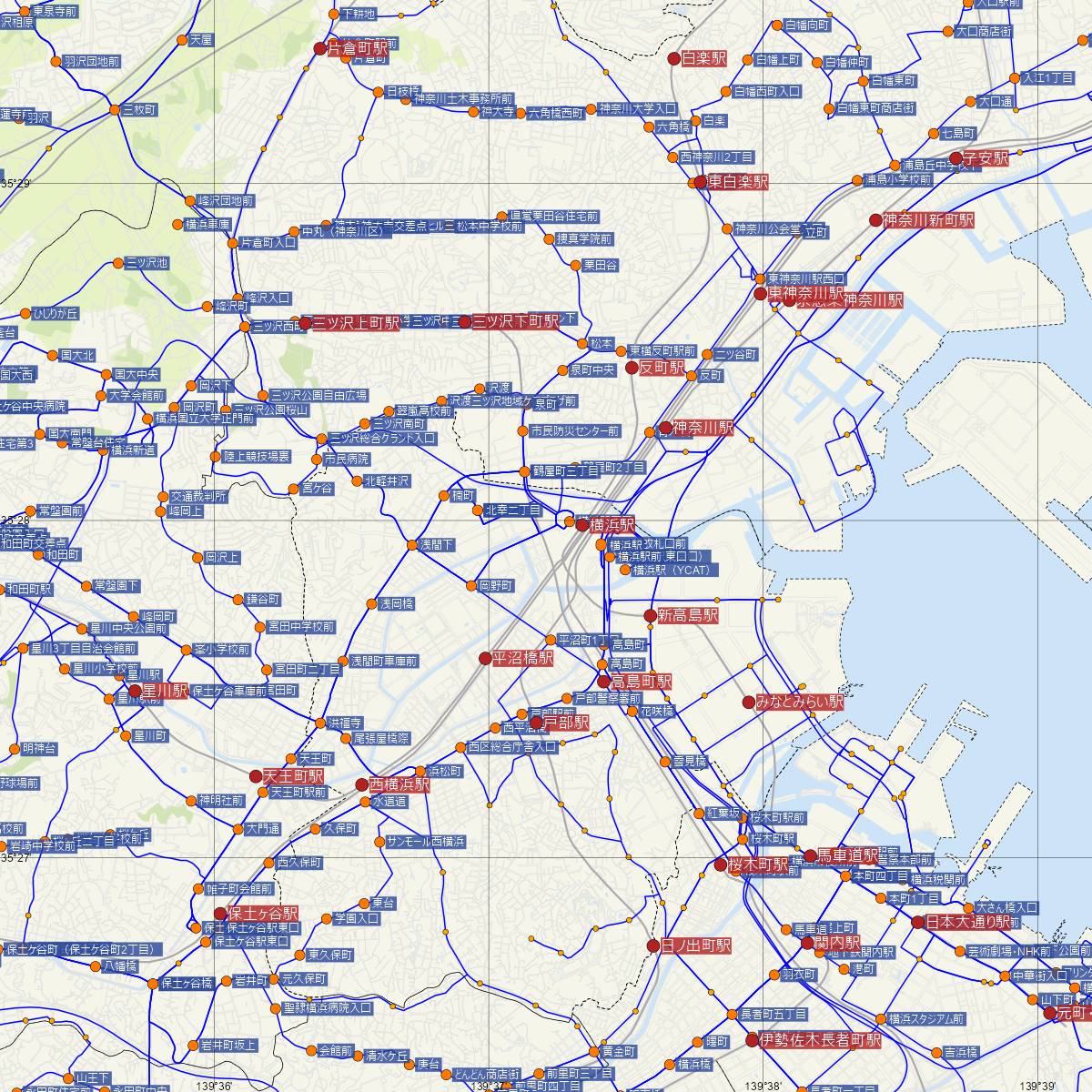 横浜駅（横浜市営地下鉄）周辺のバス路線図