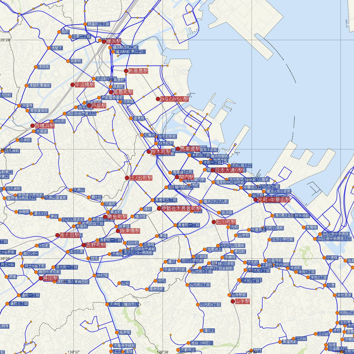 関内駅（横浜市営地下鉄）周辺のバス路線図