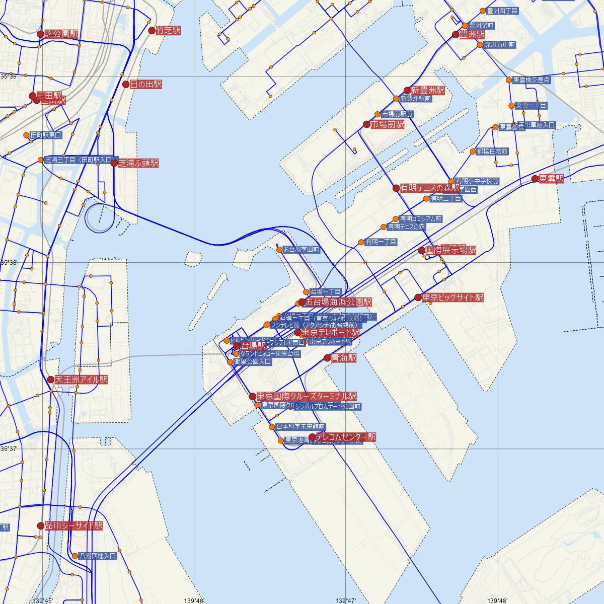 お台場海浜公園駅（ゆりかもめ）周辺のバス路線図