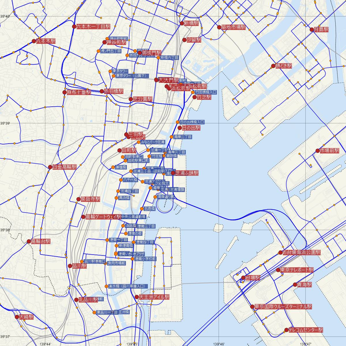 芝浦ふ頭駅（ゆりかもめ）周辺のバス路線図