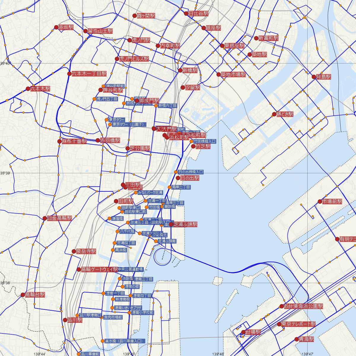 日の出駅（ゆりかもめ）周辺のバス路線図