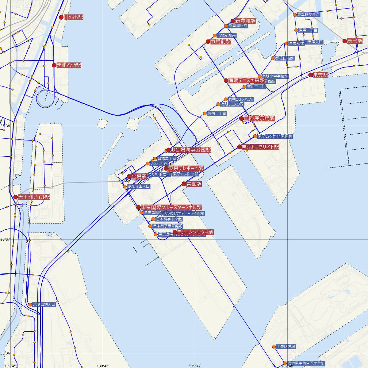 青海駅（ゆりかもめ）周辺のバス路線図