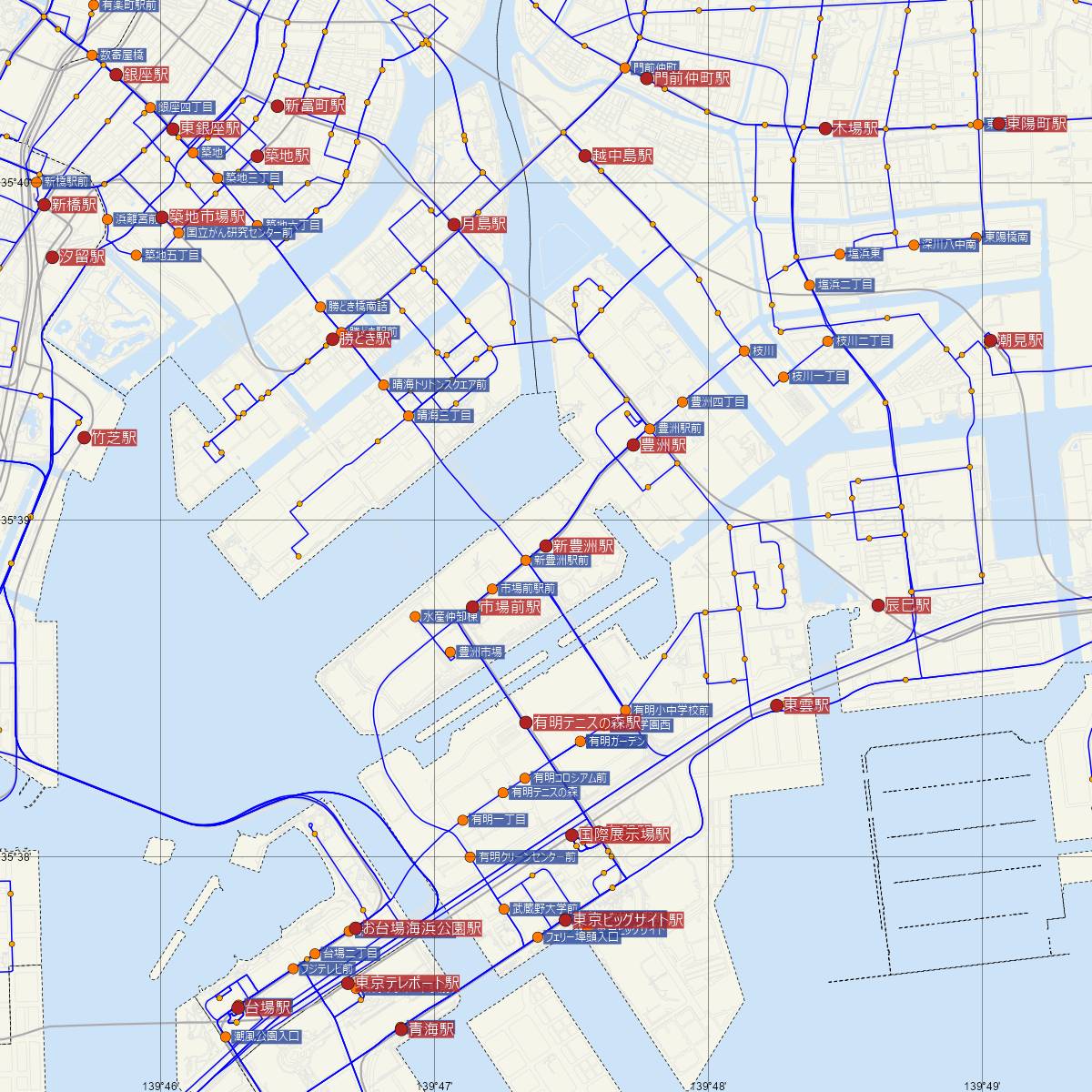 新豊洲駅（ゆりかもめ）周辺のバス路線図