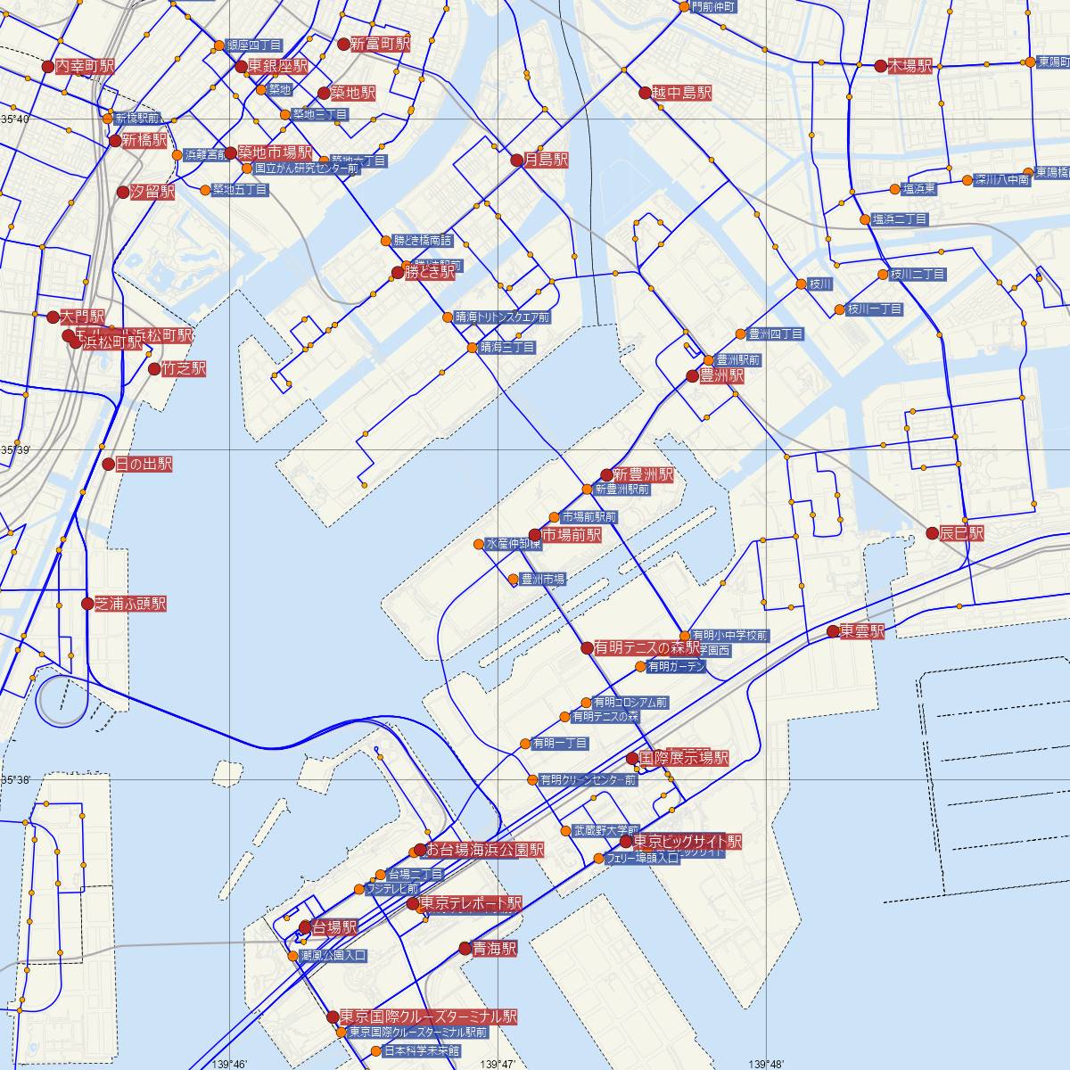 市場前駅（ゆりかもめ）周辺のバス路線図