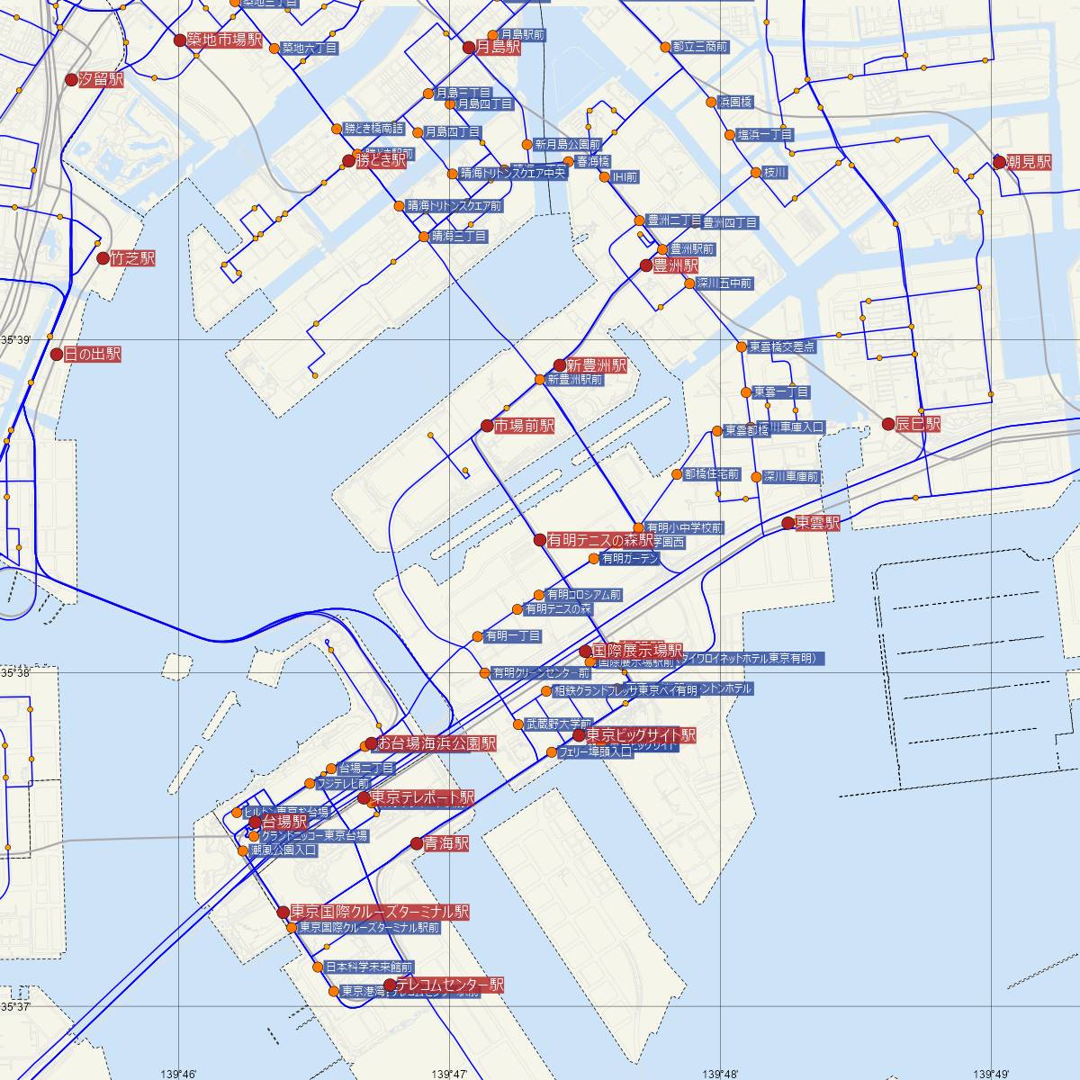 有明テニスの森駅（ゆりかもめ）周辺のバス路線図