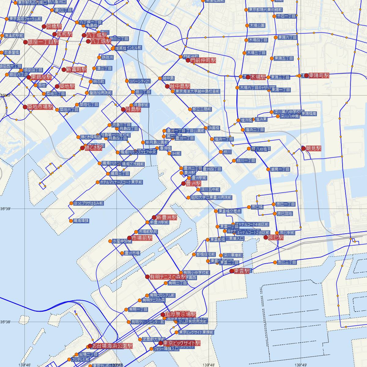 豊洲駅（ゆりかもめ）周辺のバス路線図