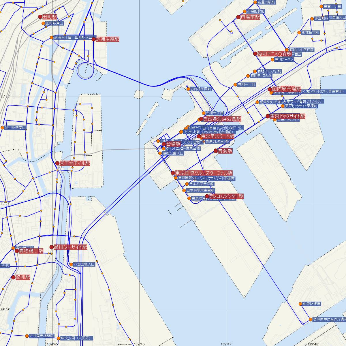 東京国際クルーズターミナル駅（ゆりかもめ）周辺のバス路線図