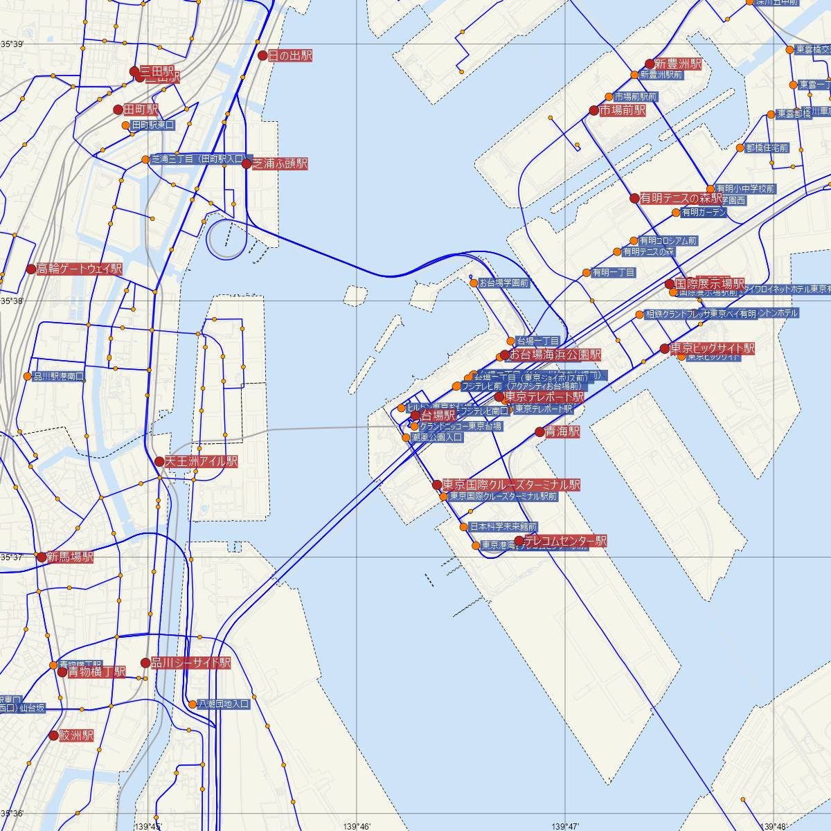 台場駅（ゆりかもめ）周辺のバス路線図