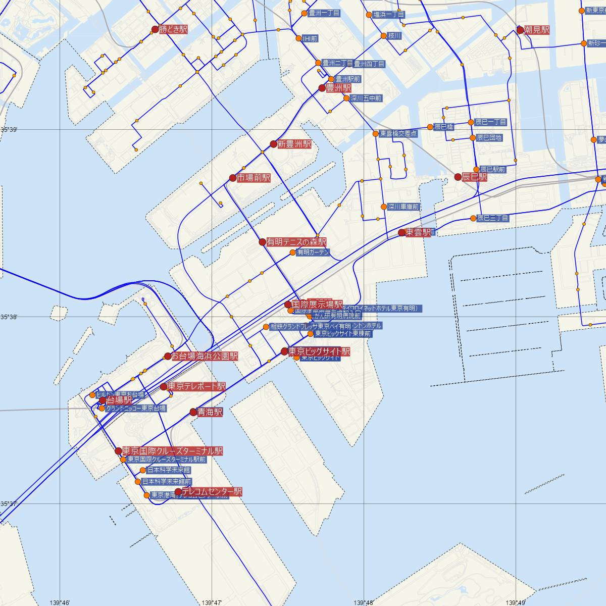 有明駅（ゆりかもめ）周辺のバス路線図