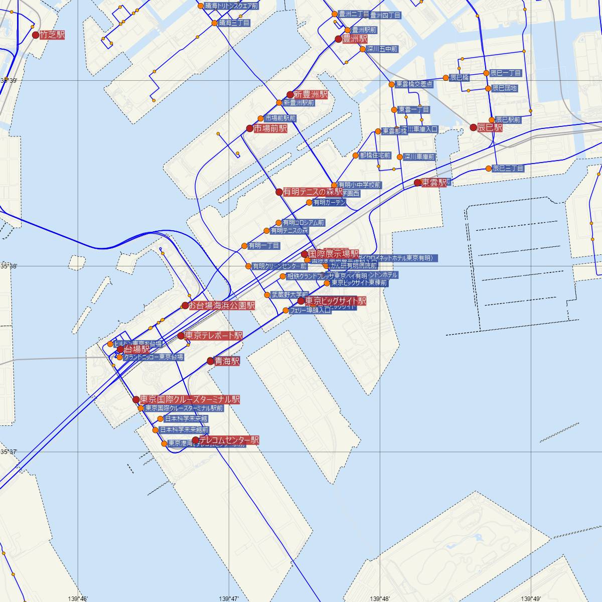 東京ビッグサイト駅（ゆりかもめ）周辺のバス路線図