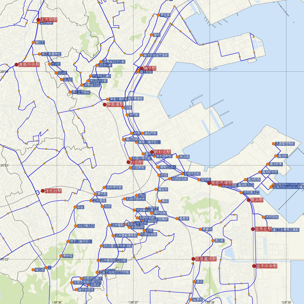 新杉田駅（横浜シーサイドライン）周辺のバス路線図