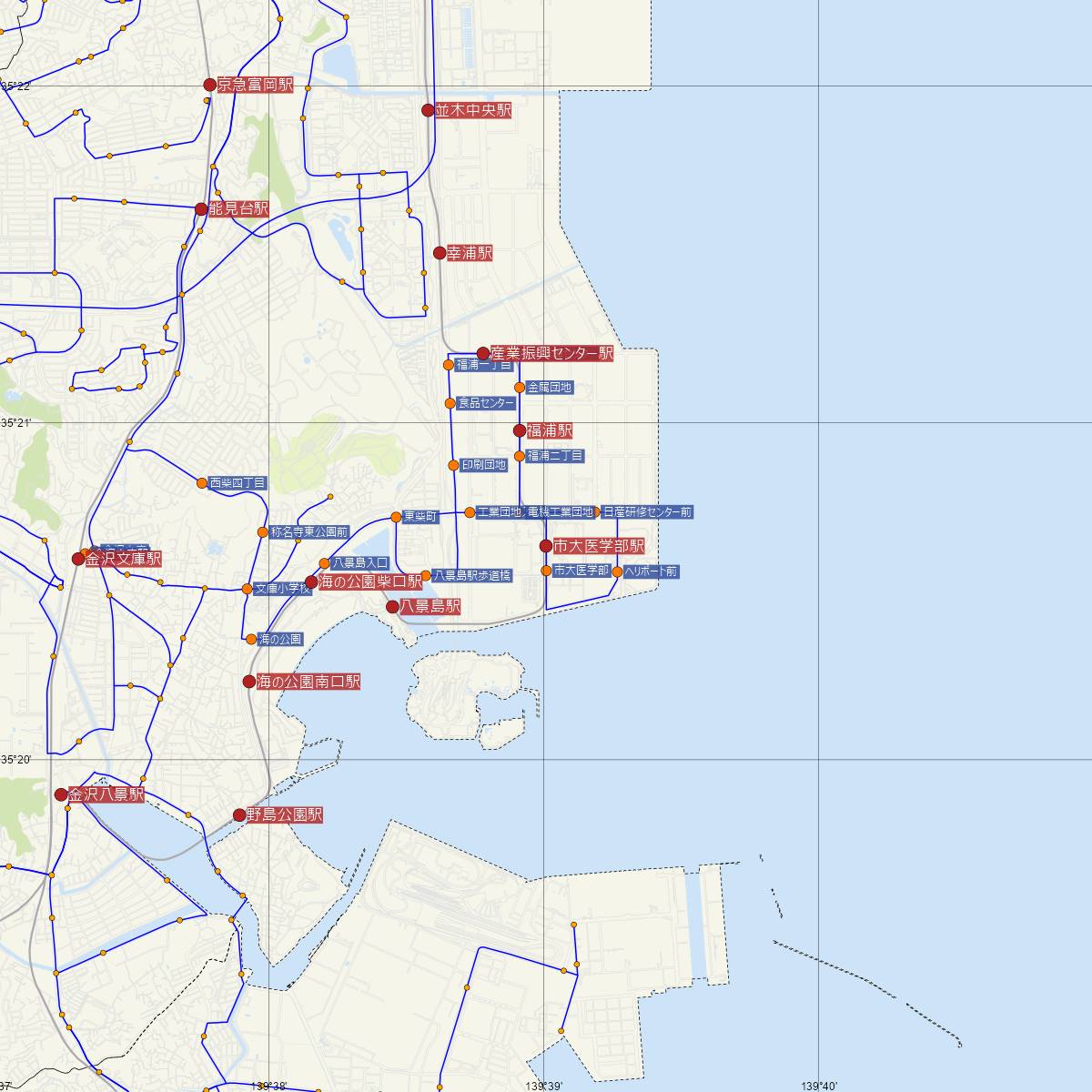 市大医学部駅（横浜シーサイドライン）周辺のバス路線図