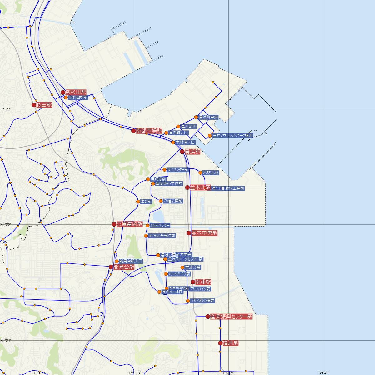 並木北駅（横浜シーサイドライン）周辺のバス路線図