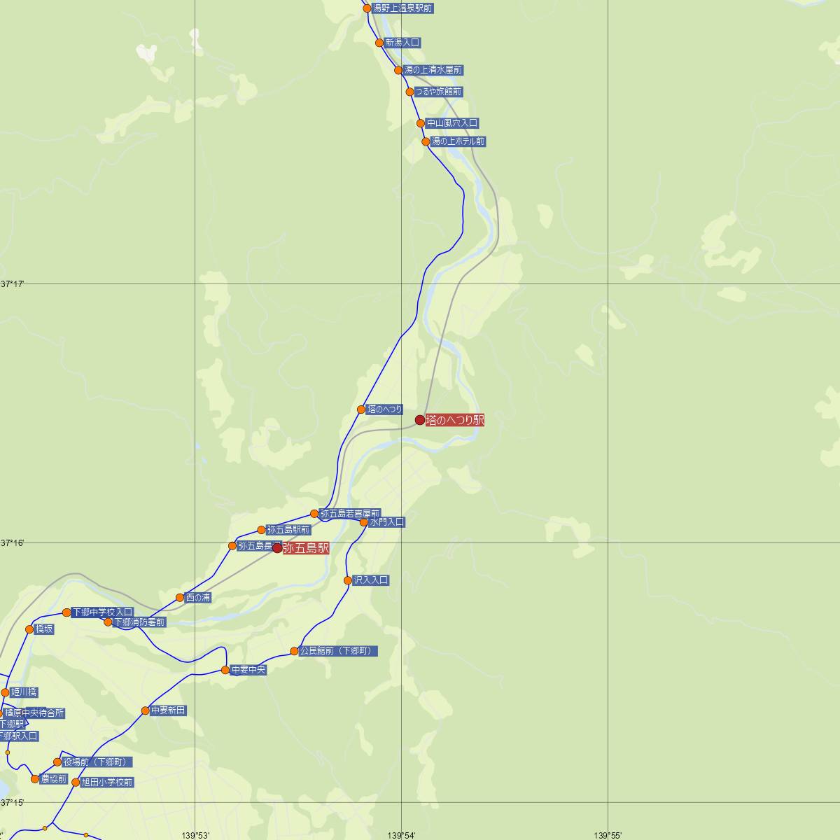 塔のへつり駅（会津鉄道）周辺のバス路線図