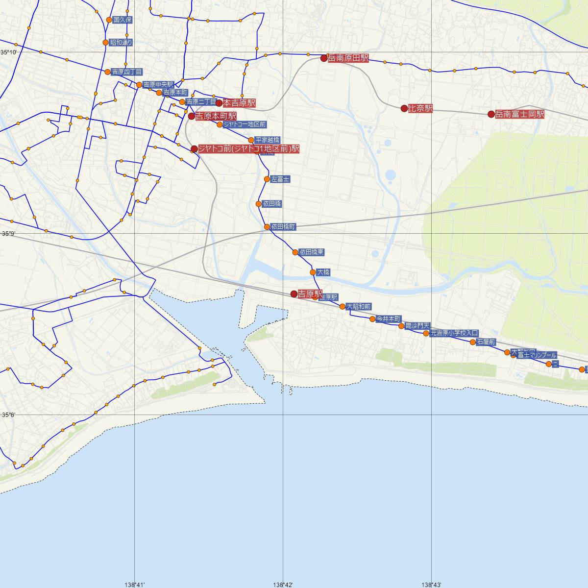 吉原駅（岳南電車）周辺のバス路線図