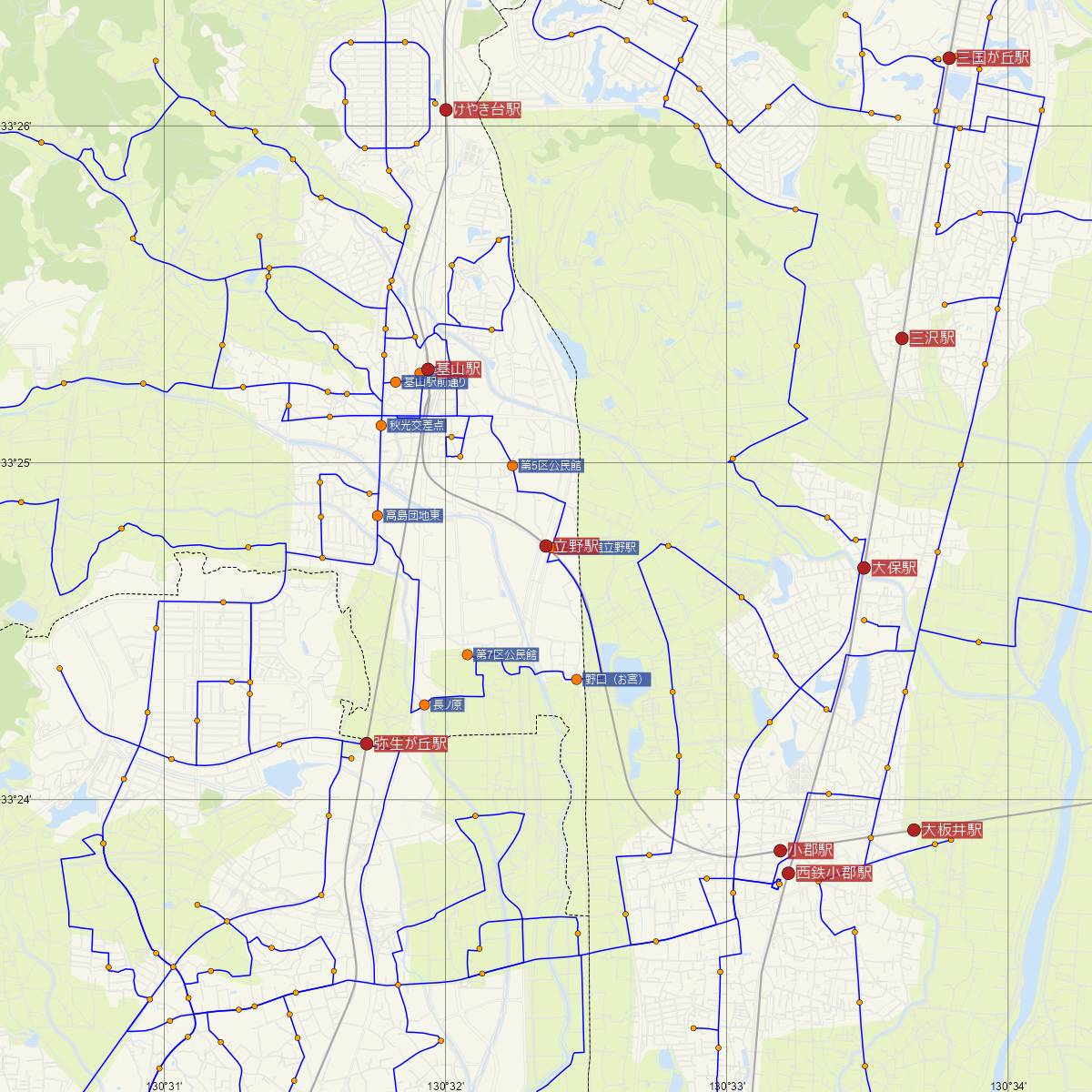 立野駅（甘木鉄道）周辺のバス路線図