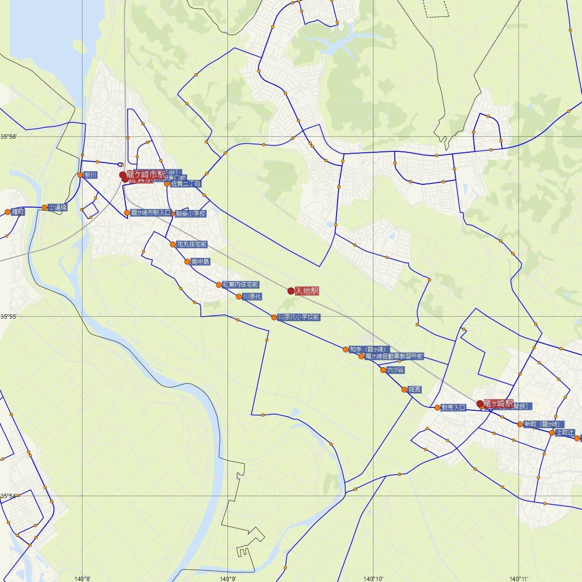 入地駅（関東鉄道）周辺のバス路線図