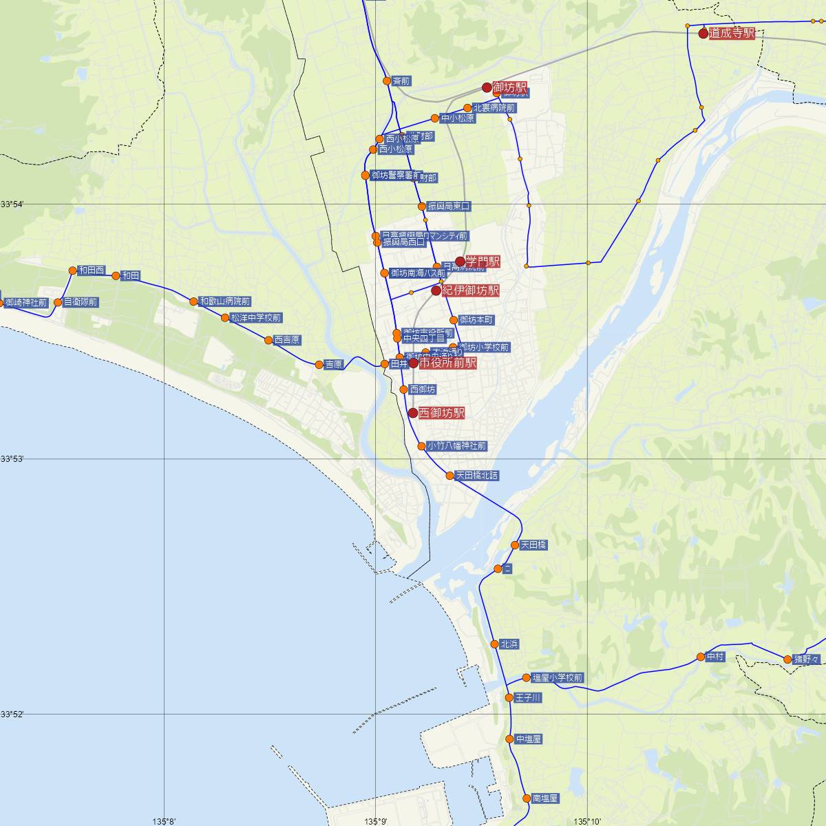 西御坊駅（紀州鉄道）周辺のバス路線図