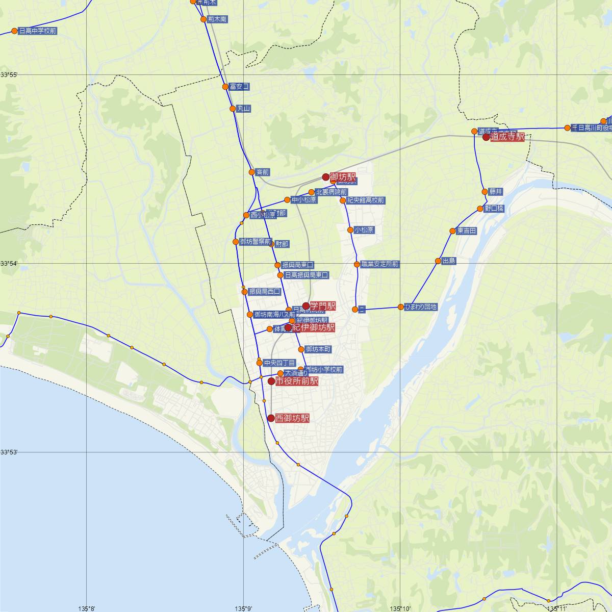 学門駅（紀州鉄道）周辺のバス路線図