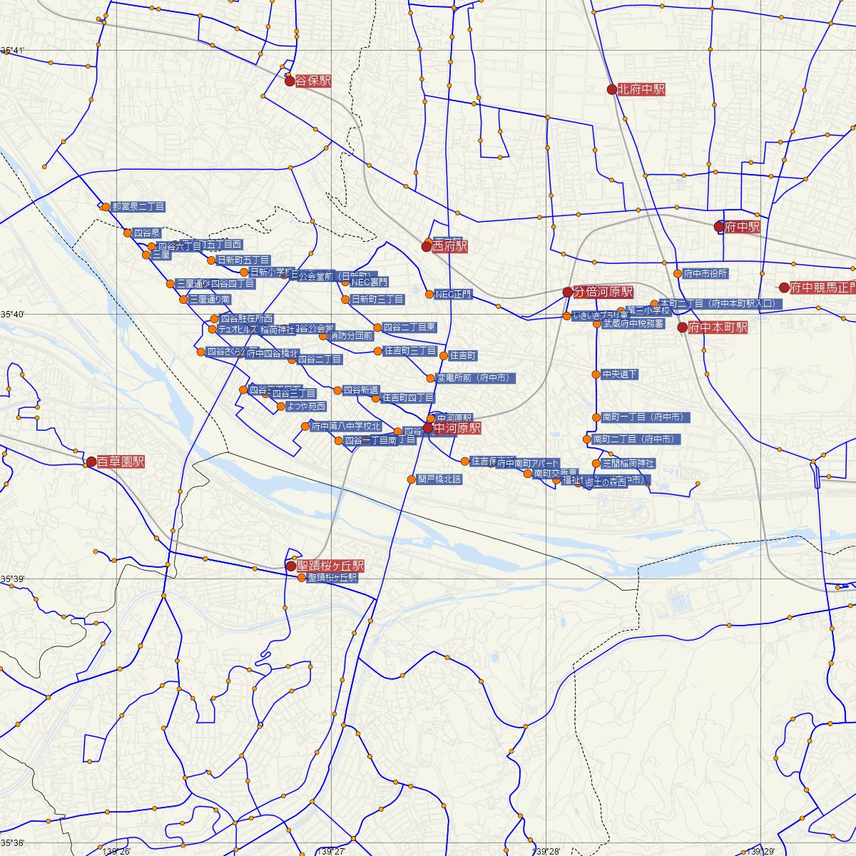 中河原駅（京王線）周辺のバス路線図