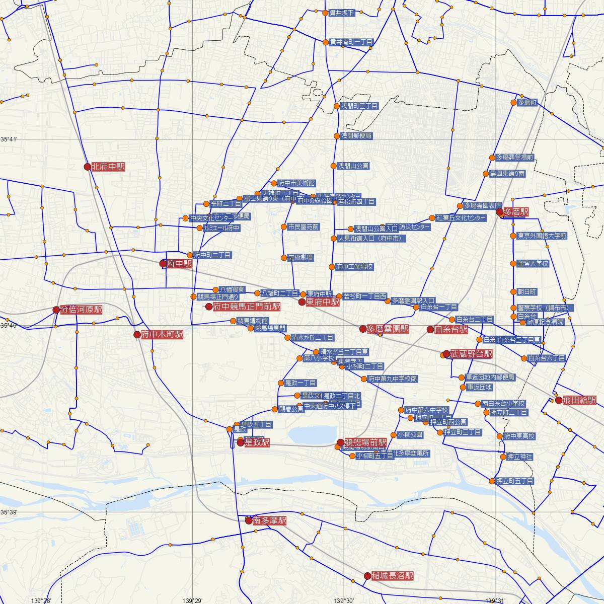 東府中駅（京王線）周辺のバス路線図